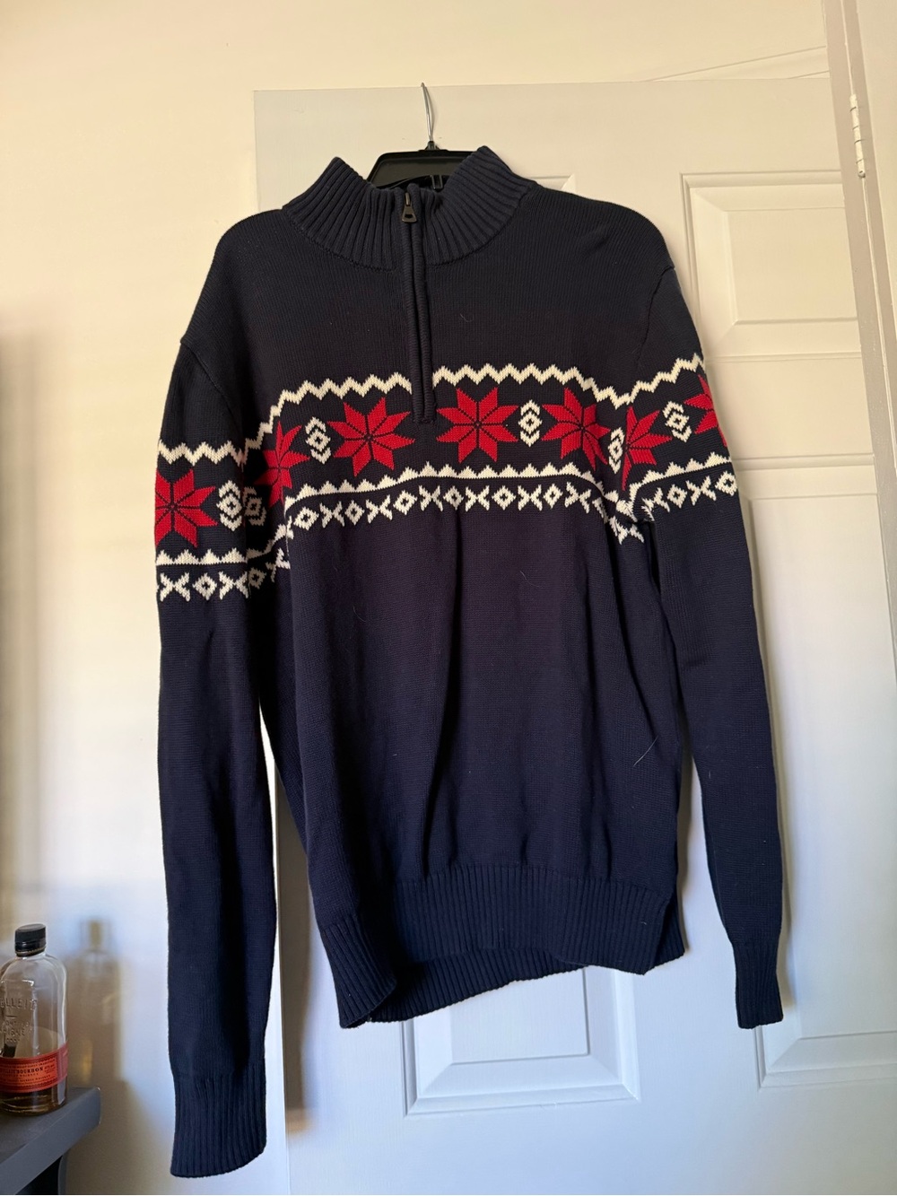 Weatherproof Navy Half-Zip Sweater with Red & White Fair Isle
